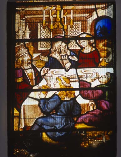 Parable of the prodigal son, stained glass by Burlinson and Grylls 1875, Church of All Saints, Hillesden, Buckinghamshire, England, Great Britain
