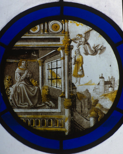 Habbakuk being carried by the angel to Daniel 16thC Netherlandish Roundel Waterperry House Oxon