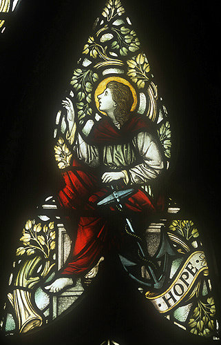 Hope, by Powell, nineteenth century, one of the three theological virtues, tracery of window 3, south nave aisle window, Exeter Cathedral, England