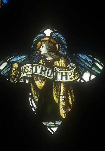 Truth by Powell, nineteenth century, tracery of window 3, south nave aisle, Exeter Cathedral, England