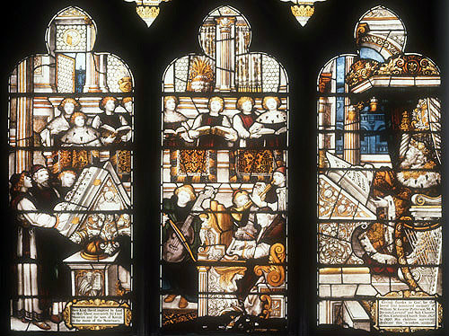 King David instructing musicians, nineteenth century window by C.E. Kempe, north choir aisle, Lichfield Cathedral, Staffordshire, England