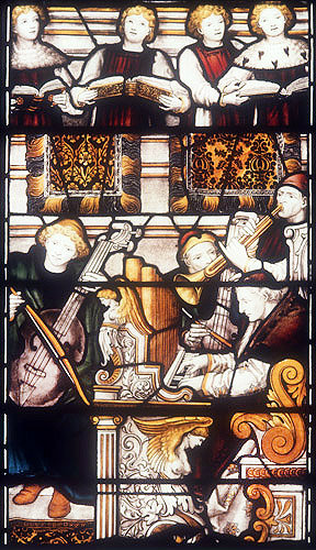 King David teaching music, detail, orchestra and choir, nineteenth century window by C.E. Kempe, north choir aisle, Lichfield Cathedral, England