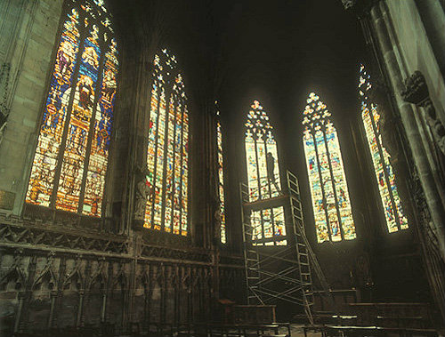 Sonia Halliday photographing stained glass in Lichfield Cathedral, Staffordshire, England