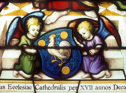Cherubs with shield, detail from St Paul window, nineteenth century, north choir aisle, Lichfield Cathedral, Staffordshire, England