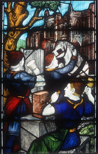 Stonemasons restoring the cathedral, 1669 AD, south choir aisle, Lichfield Cathedral, Staffordshire, England