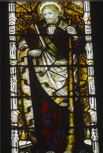 St James the Greater, 19th century stained glass, Wells Cathedral, Somerset, England, Great Britain