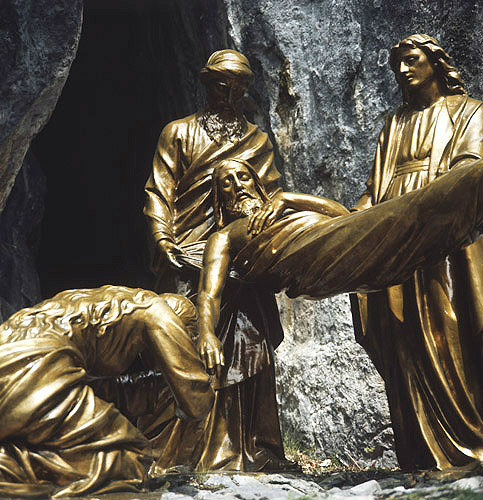 France, Lourdes, Calvary Station 14 Joseph of Arimathea laying Christ in his Sepulchre detail