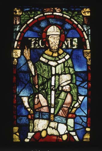 St Thomas Becket, 12th century stained glass, Trinity Chapel, Canterbury Cathedral, Kent, England, Great Britain