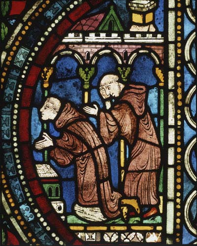Monks praying, 13th century stained glass, Trinity Chapel, Canterbury Cathedral, Kent, England, Great Britain