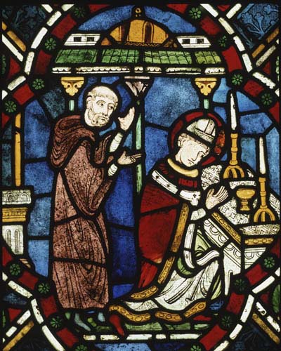 Thomas Becket kneeling at altar, 13th century stained glass, Trinity Chapel, Canterbury Cathedral, Kent, England, Great Britain