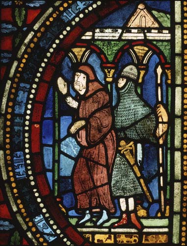 Armed knight and monk, 13th century stained glass, Trinity Chapel, Canterbury Cathedral, Kent, England, Great Britain