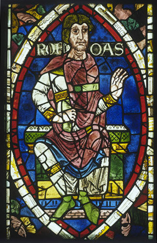 Rehoboam, first King of Judah,  Great West Window,  Canterbury Cathedral, Kent, England, 12th century stained glass
