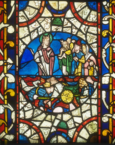 Moses crossing the Red Sea, Lincoln Cathedral, 13th century stained glass