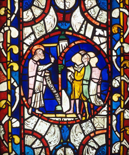 Lincoln Cathedral,  east window of the south aisle St John the Evangelist preaching, 13th century stained glass