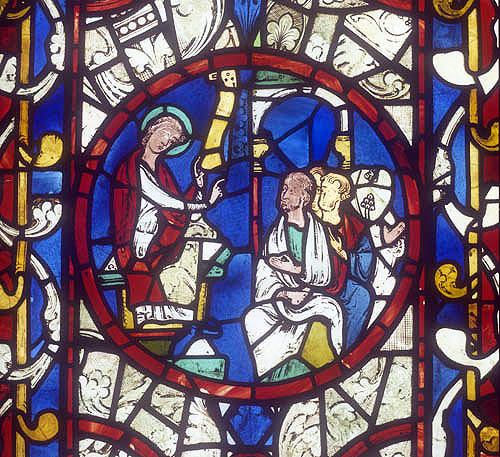 Saint preaching, east window, south choir aisle, Lincoln Cathedral, England