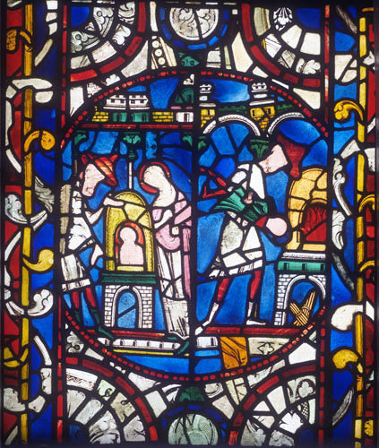 Jew of Bourges throwing his son into furnace, boy saved by the Virgin, Lincoln Cathedral, 13th century stained glass