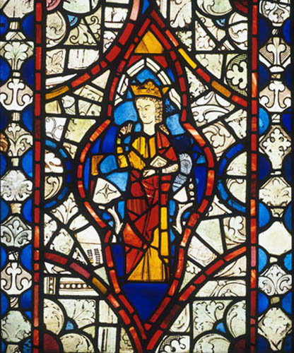 Lincoln Cathedral east window south aisle panel 75, unknown King, 13th century stained glass