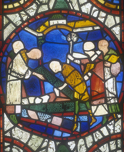 Burying a bishop, thirteenth century, panel 57, east window, north aisle, Lincoln Cathedral, England