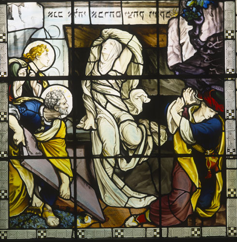 Raising of Lazarus, detail of  stained glass window 1888 by Frederick Shields, Church of St Lawrence, Mereworth, Kent, England 