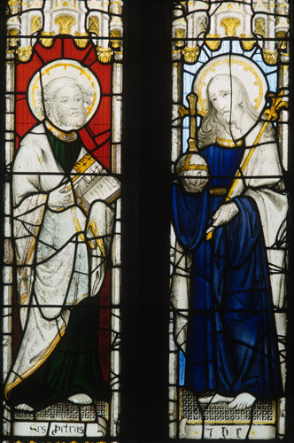 St Peter and Christ detail from window in the Church of St Neot Cornwall