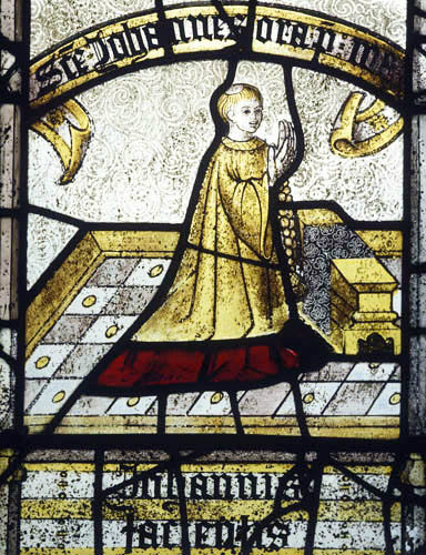 Donor Callawy who married a Tubbe, Callawy window, sixteenth century, Church of St Neot, Cornwall, England