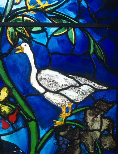 Goose, detail from Christmas window by John Piper, church of St Mary the Virgin, Iffley, Oxfordshire, England