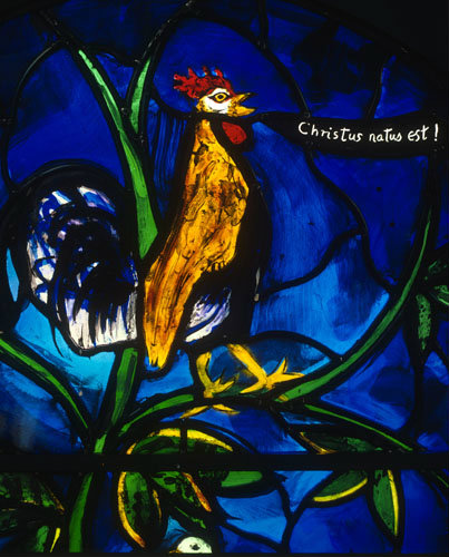 Cockerel, detail from Christmas window, by John Piper, church of St Mary the Virgin, Iffley, Oxfordshire, England
