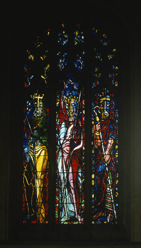 Christ as Judge, Teacher, Shepherd, window in Oundle School Chapel, designed by John Piper, made by Patrick Reyntiens, 1955-56, Oundle, Northamptonshire, England