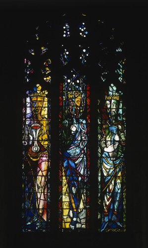 Christ the Vine, the Bread of Heaven, the Water of Baptism, window in Oundle School Chapel, designed by John Piper, made by Patrick Reyntiens, 1955-56, Oundle, England