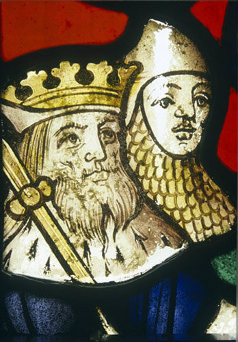 King and knight, detail, St George window, sixteenth century, Church of St Neot, Cornwall, England