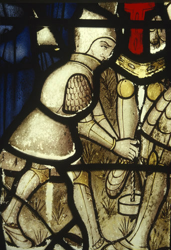 Soldier in armour, detail, St George window, sixteenth century, Church of St Neot, Cornwall, England