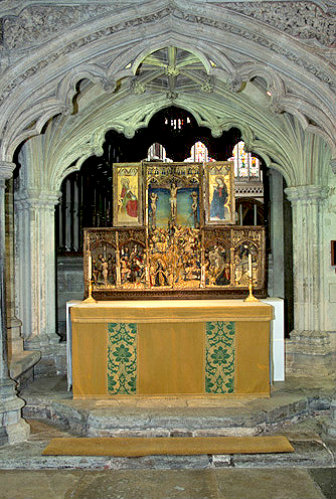 Altar on north side of choir screen, seen from nave, Exeter Cathedral, Devon, England