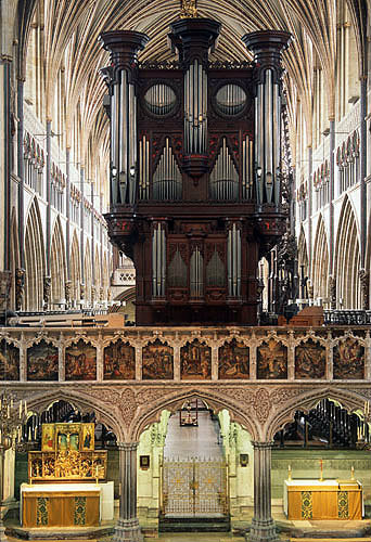 Organ built by John Loosemore, 1665 and choir screen from nave, Exeter Cathedral, Devon, England