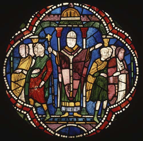 St Dunstan separating clerks from monks, 13th century stained glass, Canterbury Cathedral, Kent, England, Great Britain