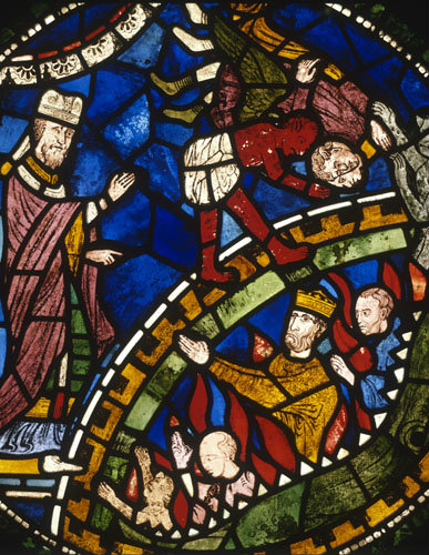 St Dunstan releasing King Edwy from hell, 13th century stained glass, Canterbury Cathedral, Kent, England, Great Britain