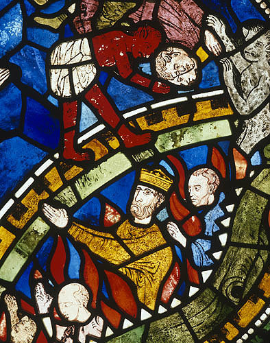 England, Canterbury, King Edwy in the Jaws of Hell, detail from St Dunstan window, north triforium, Canterbury Cathedral