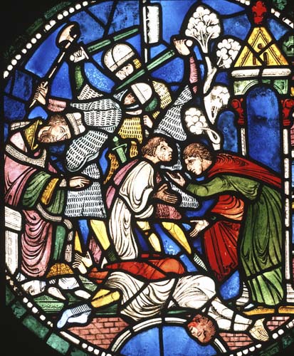 Sacking of Canterbury, 13th century stained glass, north triforium, Canterbury Cathedral, Kent, England, Great Britain
