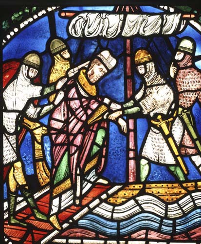 Abduction of St Alphege, 13th century stained glass, north triforium, Canterbury Cathedral, Kent, England, Great Britain