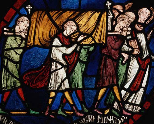 Plague cortege, household of Jordan Fitz Eisulf, 13th century stained glass, Trinity Chapel, Canterbury Cathedral, Kent, England, Great Britain