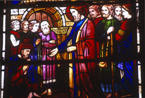 St Peter healing the crippled man, stained glass 1864, from the Life of St Peter by Rogers, Christ Church Cathedral, Oxford, Oxfordshire, England, Great Britain