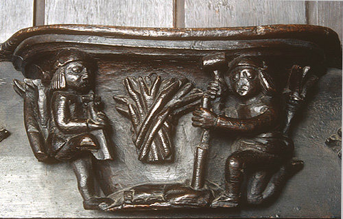 Misericord of the month of February,fifteenth century, hedging and ditching, Church of St Mary, Ripple, Worcestershire