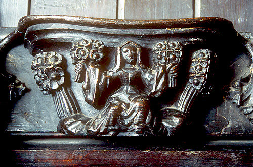 Misericord of the month of May, fifteenth century, blessing crops at Rogation tide, Church of St Mary, Ripple, Worcestershire