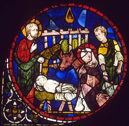 The Nativity, window XI,  south quire triforium, Canterbury Cathedral, 13th century stained glass