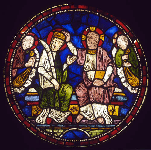 Coronation of the Virgin,  window IX south quire triforium, Canterbury Cathedral,  13th century stained glass