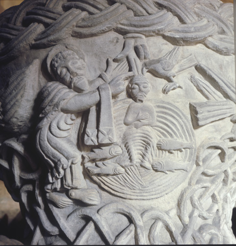 Baptism of Christ, detail of the 12th century Norman font, Church of St Michael, Castle Frome, Herefordshire, England, Great Britain