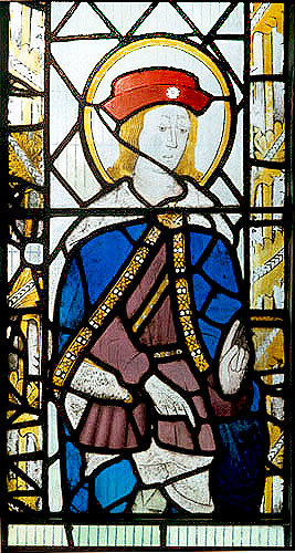 St Roch, patron saint of sufferers from plague, fifteenth century panel, north aisle of Church of St Margaret and St Andrew, Littleham, Devon, England