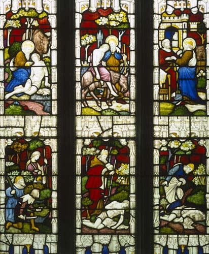 Good Samaritan window, 19th century stained glass, Church of St Margaret and St Andrew, Littleham, Devon, England, Great Britain