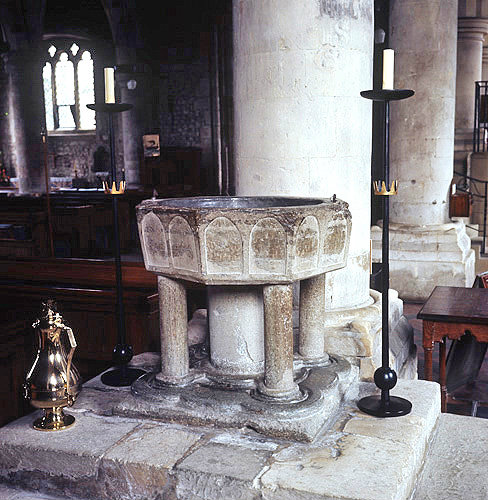 Norman sexagonal font with carved decoration, Holy Trinity Church, Bosham, Sussex, England