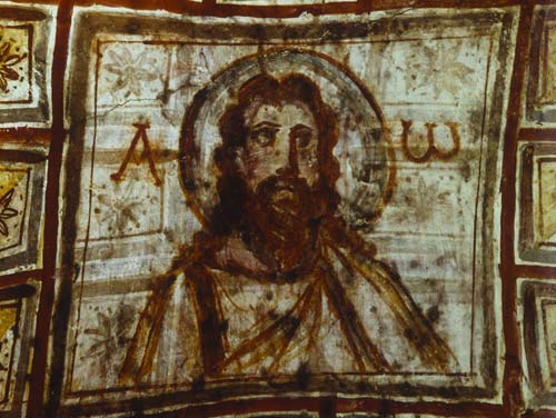 Bust of Christ between Alpha and Omega, mid-5th century painting on the ceiling of Commodilla Catacomb, Rome, Italy