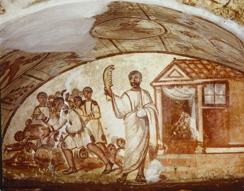 Samson puts the Philistines to rout, 4th century early Christian wall painting, Catacombs of the Via Latina, Rome, Italy
